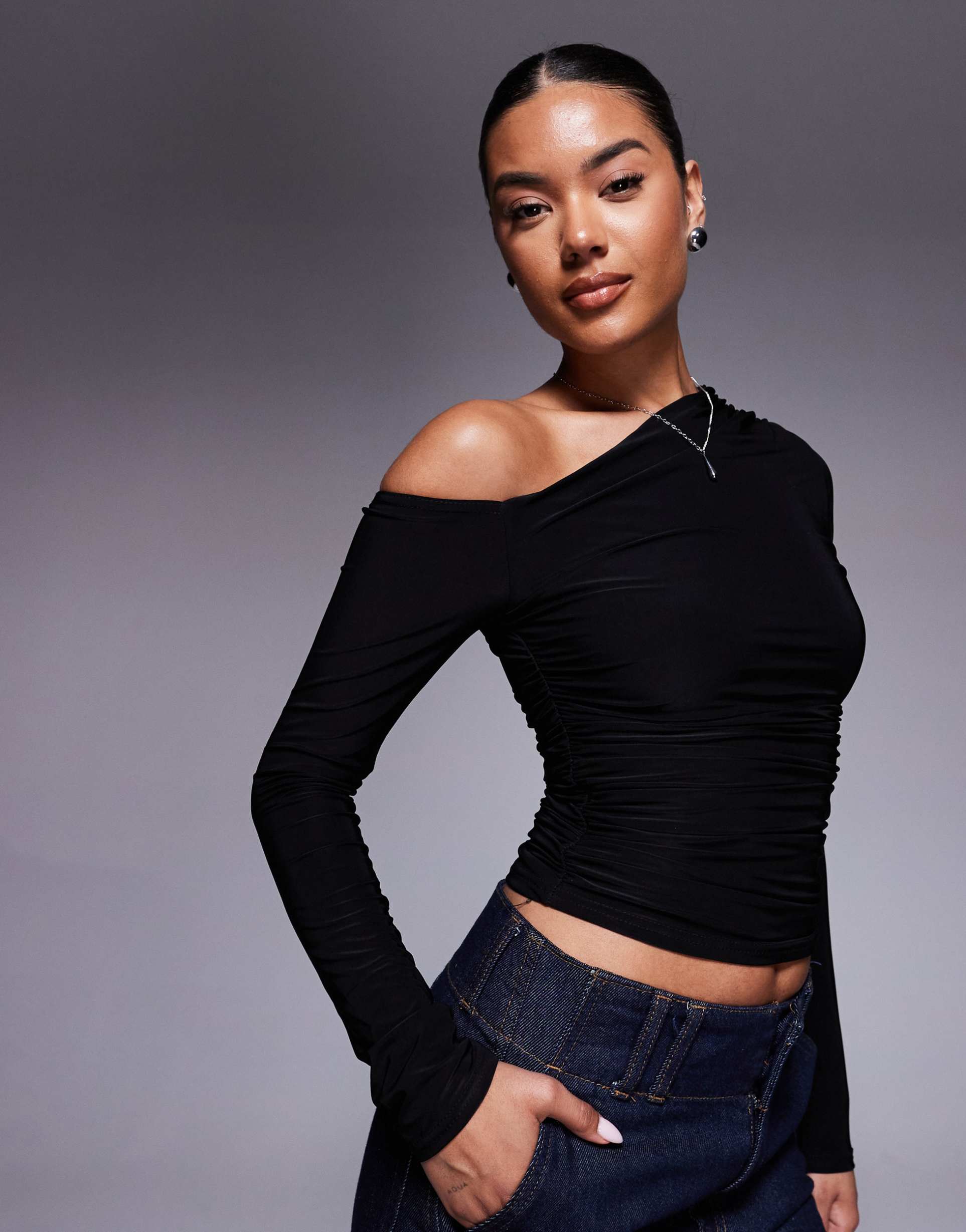 kaiia exclusive slinky off the shoulder long sleeve top in black