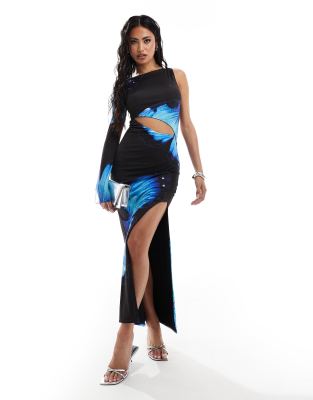 exclusive slinky one shoulder cut out maxi dress in blue butterfly print-Multi