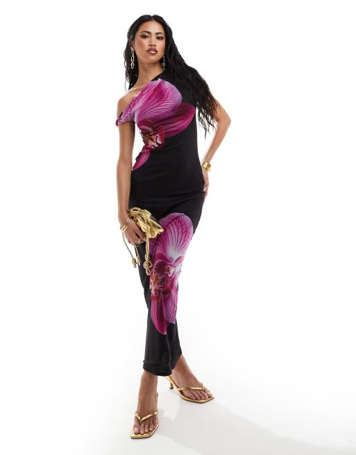 Kaiia exclusive slinky one shoulder maxi dress with mesh overlayer in black and purple flower print 