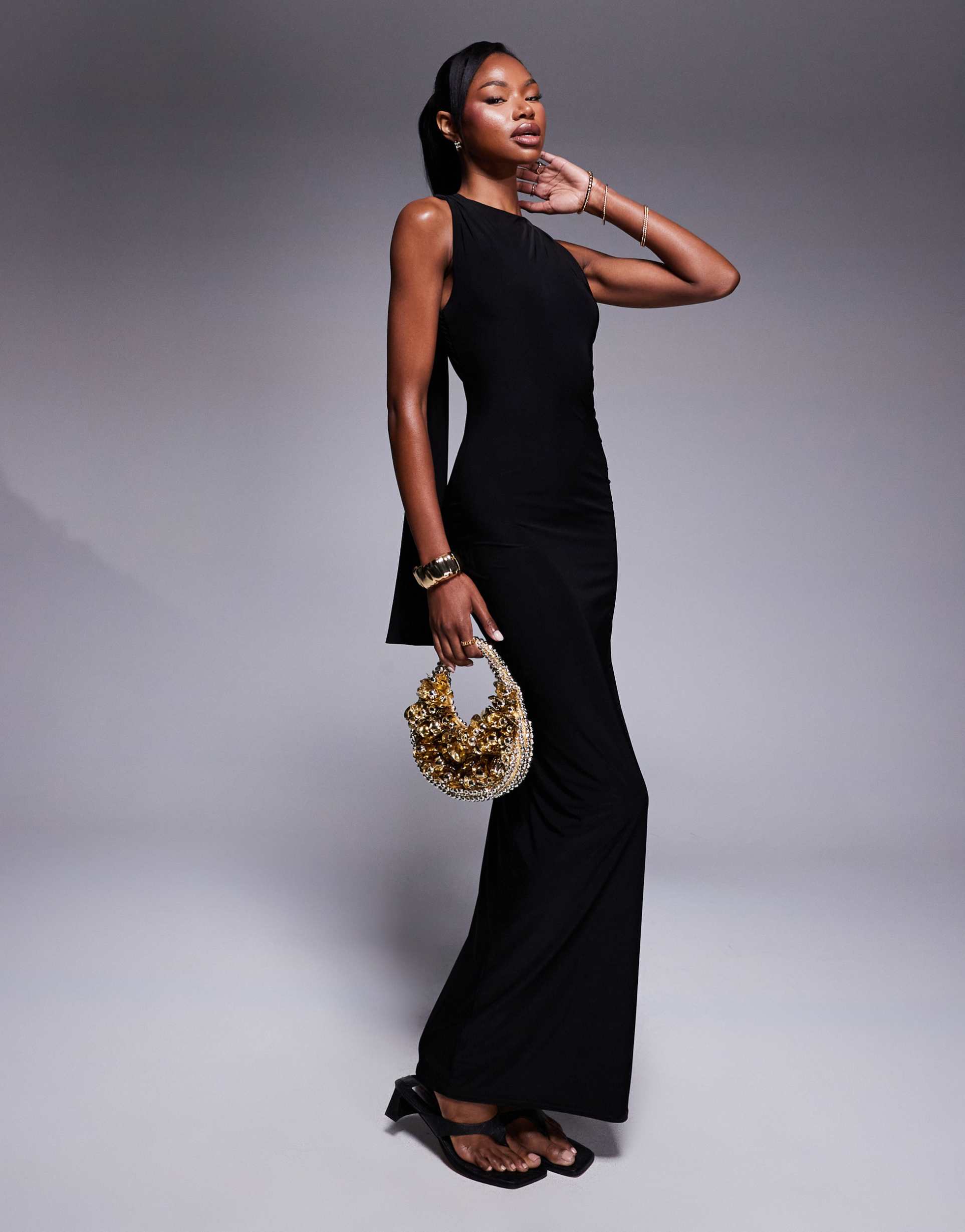 kaiia exclusive slinky racerneck gathered back drape detail maxi dress in black