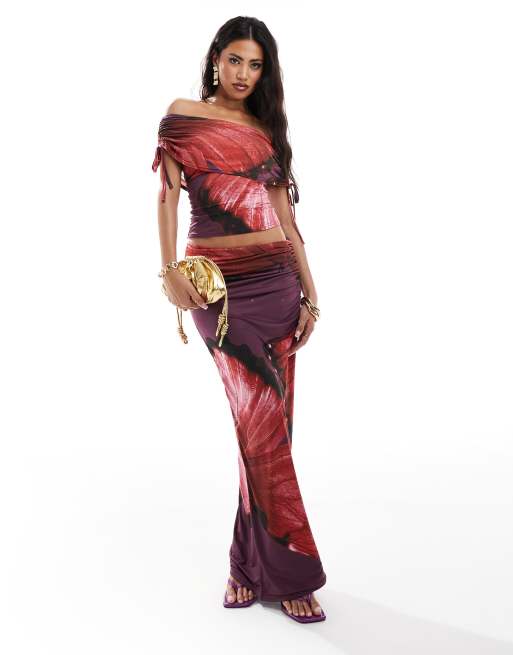 Kaiia exclusive slinky ruched column maxi skirt in red and purple flower print - part of a set
