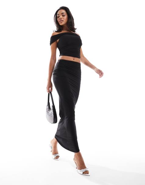 Kaiia exclusive slinky ruched maxi skirt co-ord in black - view 1