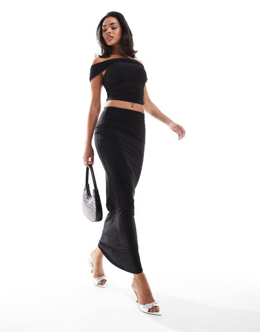 Kaiia exclusive slinky ruched maxi skirt in black (part of a set) 