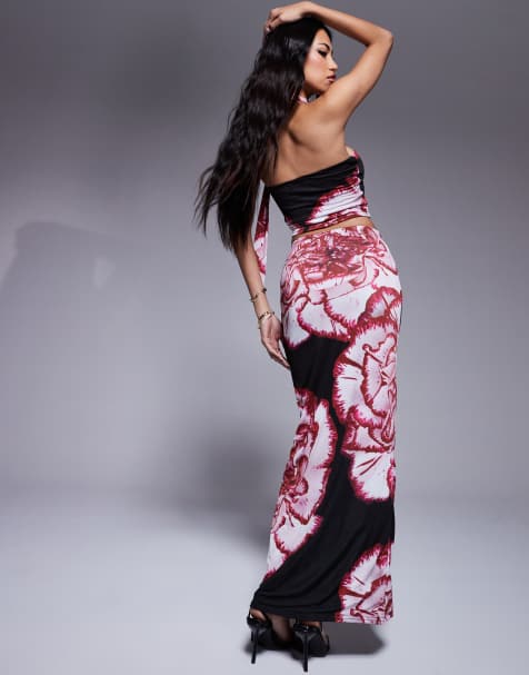 Kaiia exclusive slinky scarf detail bandeau top and midaxi skirt co-ord in black flower print - view 1