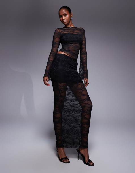 Kaiia exclusive slinky sheer hem lace maxi skirt co-ord in black - view 1