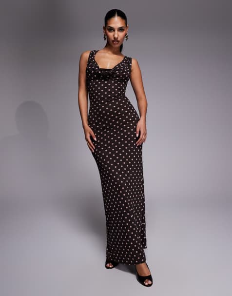 Kaiia exclusive slinky tie drape waist cowl back maxi dress in chocolate and pink polka dot - view 1