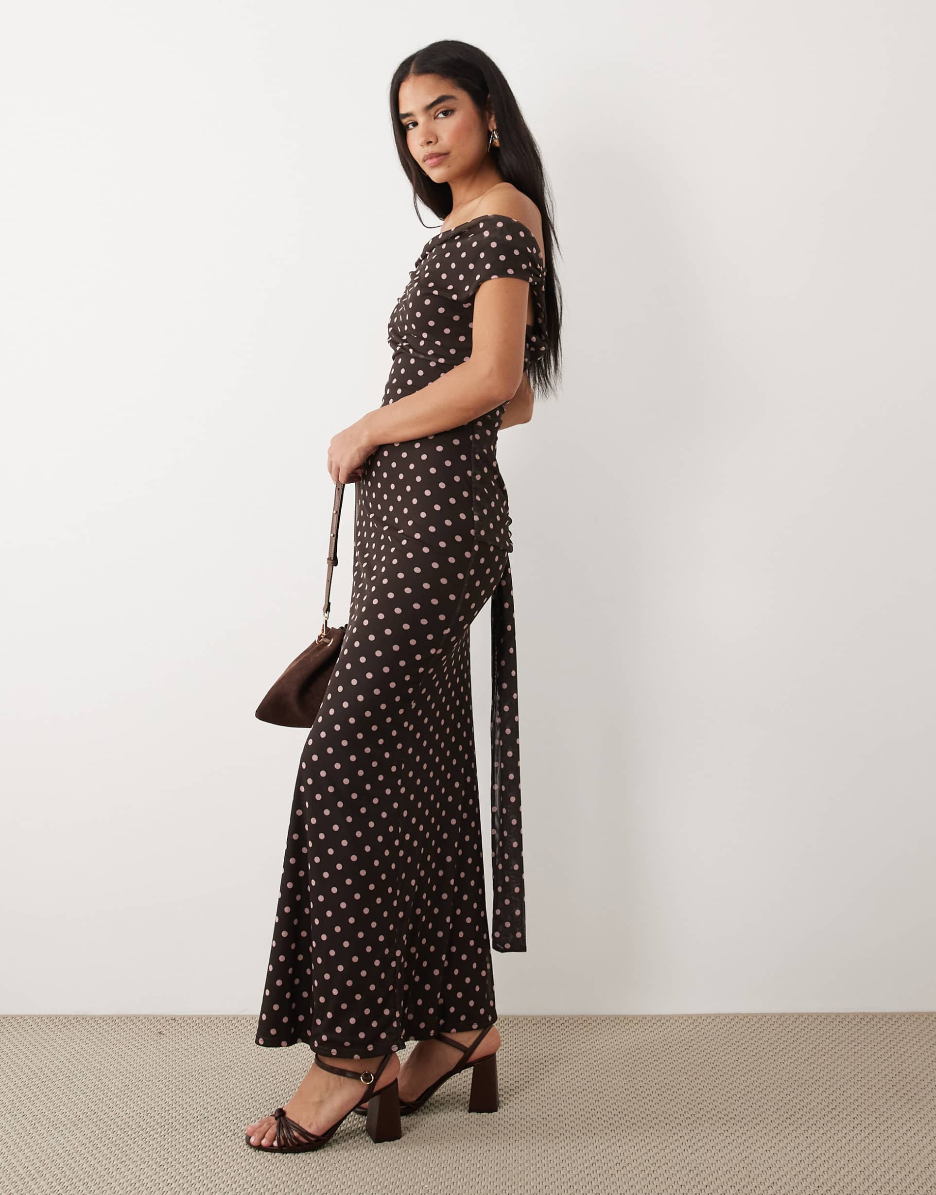 kaiia exclusive slinky tie draped waist cowl back maxi dress in chocolate and pink polka dots