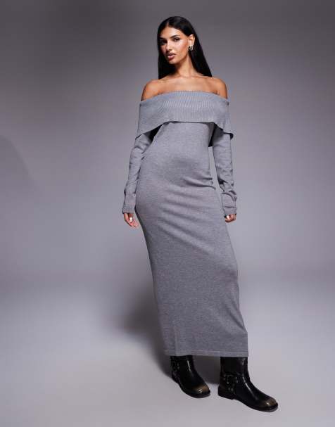 Kaiia exclusive slouchy off the shoulder foldover knit maxi dress in gray - view 1