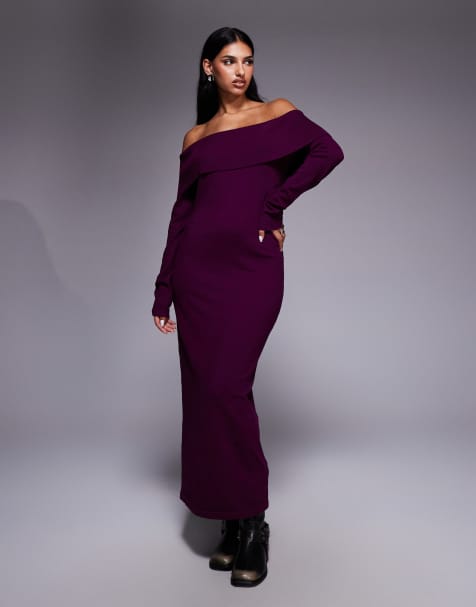 Kaiia exclusive slouchy off the shoulder foldover knit maxi dress in plum - view 1
