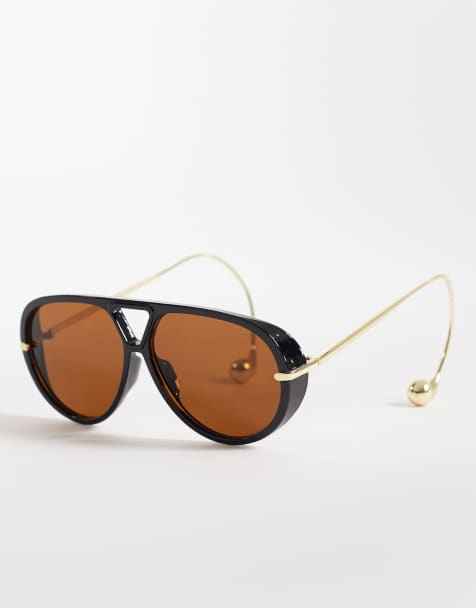 Kaiia exclusive smoky lens curved aviator sunglasses in brown and gold - view 1