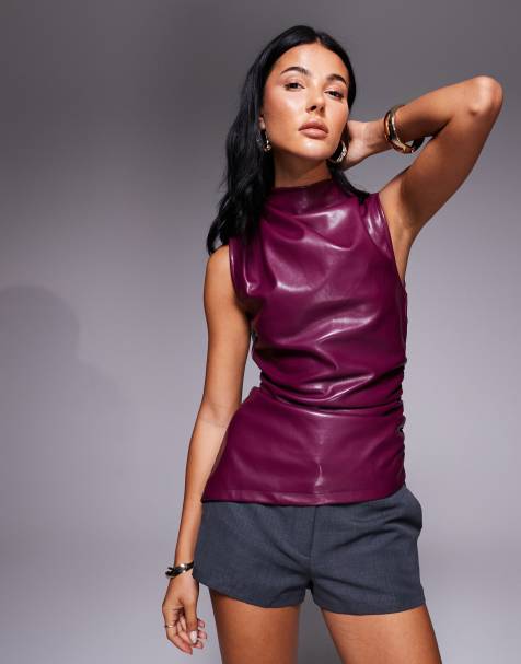 Kaiia exclusive soft leather look asymmetric gathered high neck top in plum - view 1