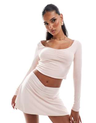 Kaiia exclusive soft touch ruched detail long sleeve top in light pink (part of a set)  