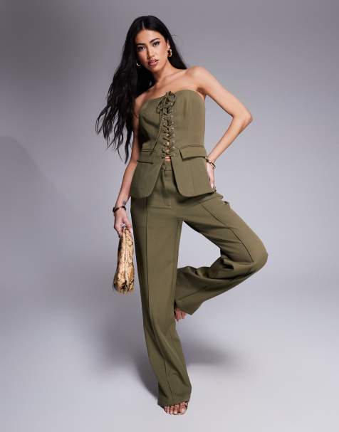 Kaiia exclusive straight leg front seam trousers co-ord in khaki