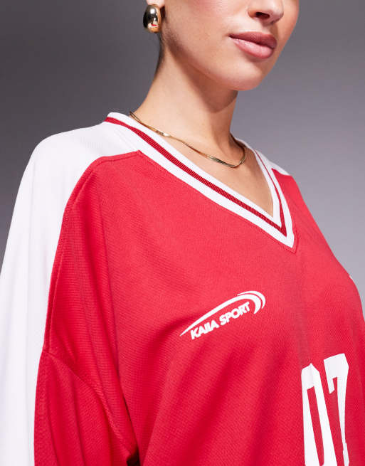 Kaiia Exclusive sport oversized V-neck football jersey in red and white -  part of a set | ASOS