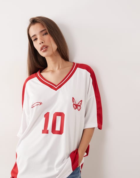 Kaiia exclusive sport oversized v neck football jersey in white and red - view 1