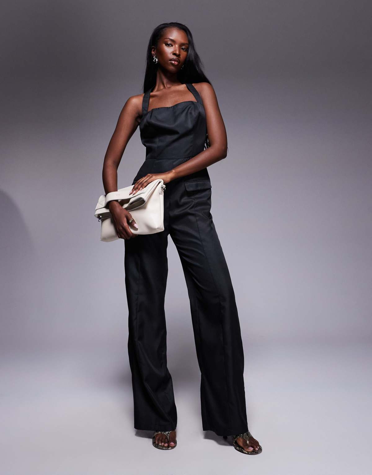 Kaiia exclusive square halterneck wide leg pocket detail jumpsuit in black