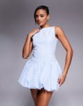 [Kaiia] Kaiia exclusive square high neck sleeveless puffball mini dress in baby blue gingham-Multi 6 Blue gingham
