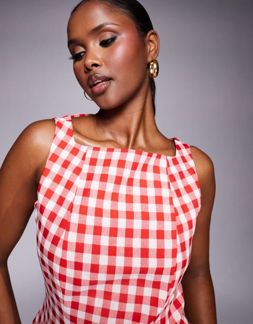 Kaiia exclusive square high neck tailored sleeveless top in red gingham , 3 of 4