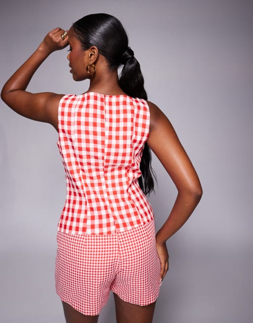Kaiia exclusive square high neck tailored sleeveless top in red gingham , 4 of 4