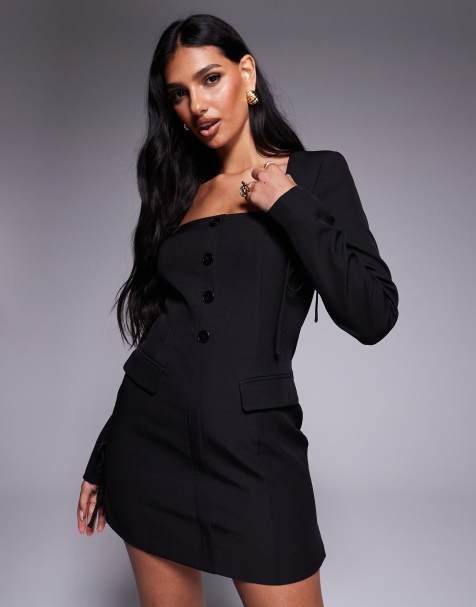 Kaiia exclusive square neck bow cuff detail tailored blazer mini dress in black - view 1