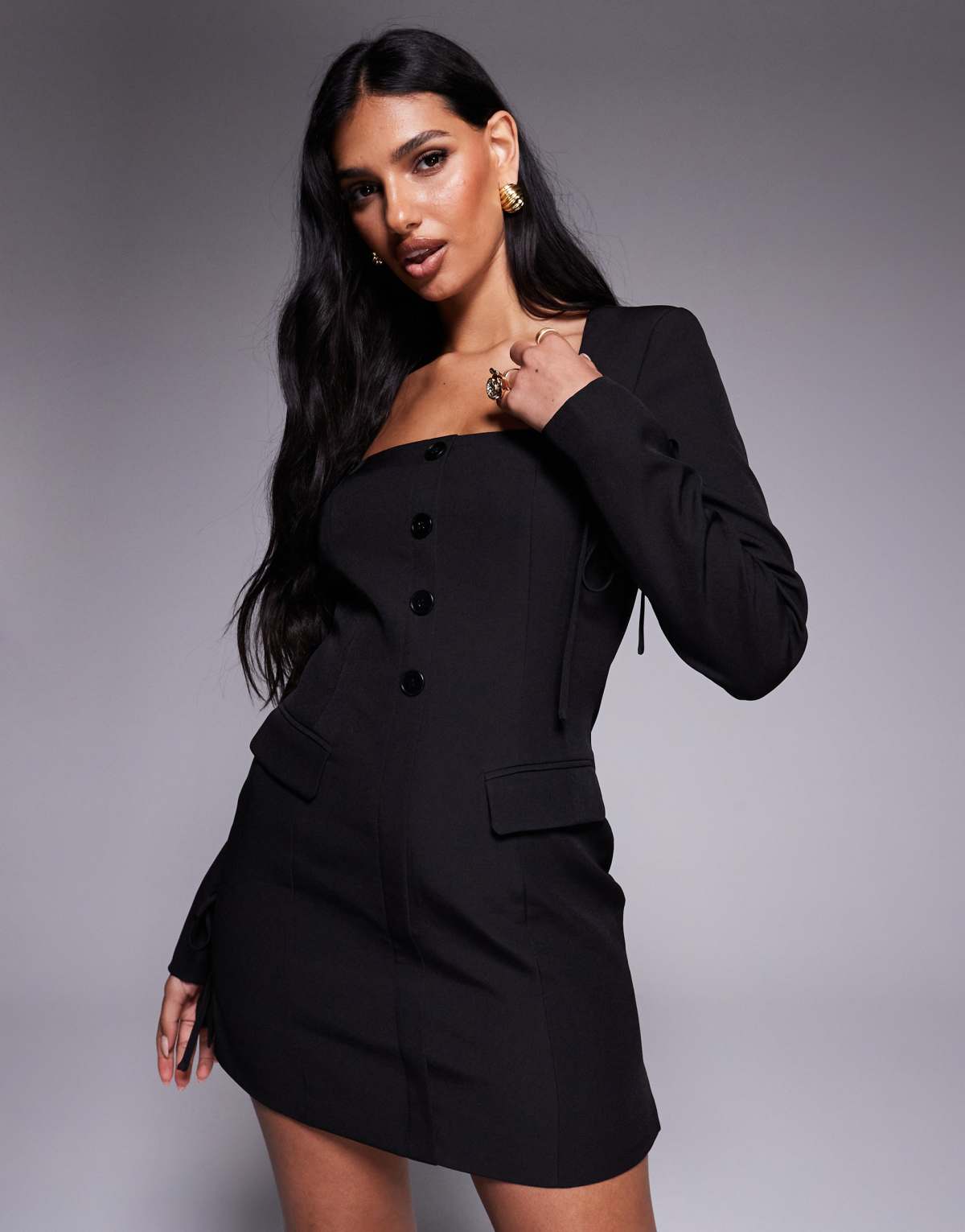 Kaiia exclusive square neck bow cuff detail tailored blazer mini dress in black