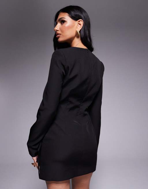 Kaiia exclusive square neck bow cuff detail tailored blazer mini dress in black, 3 of 4