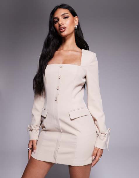Kaiia exclusive square neck bow cuff detail tailored blazer mini dress in cream - view 1
