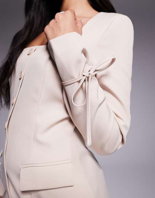 Kaiia exclusive square neck bow cuff detail tailored blazer mini dress in cream, 4 of 4