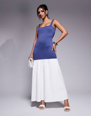 exclusive square neck contrast drop waist maxi dress in dark blue and cream