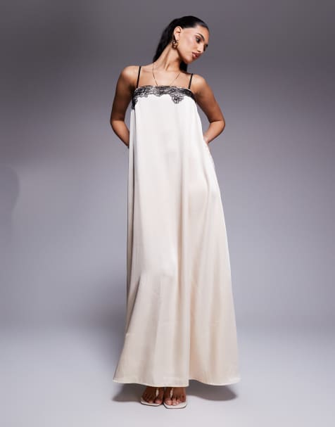 Kaiia exclusive square neck contrast lace detail cami trapeze satin maxi dress in cream - view 1