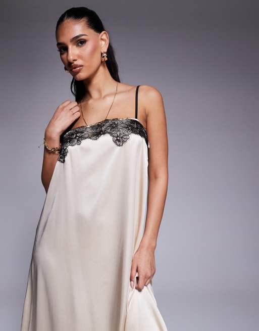 Kaiia exclusive square neck contrast lace detail cami trapeze satin maxi dress in cream