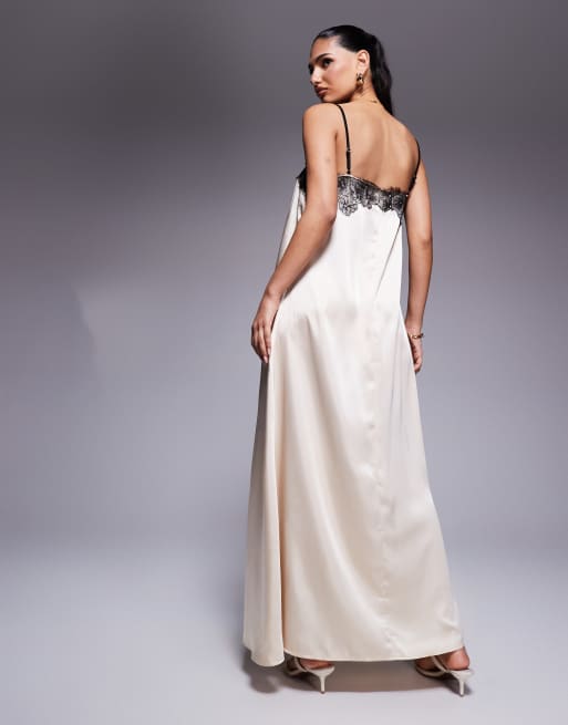 Kaiia exclusive square neck contrast lace detail cami trapeze satin maxi dress in cream