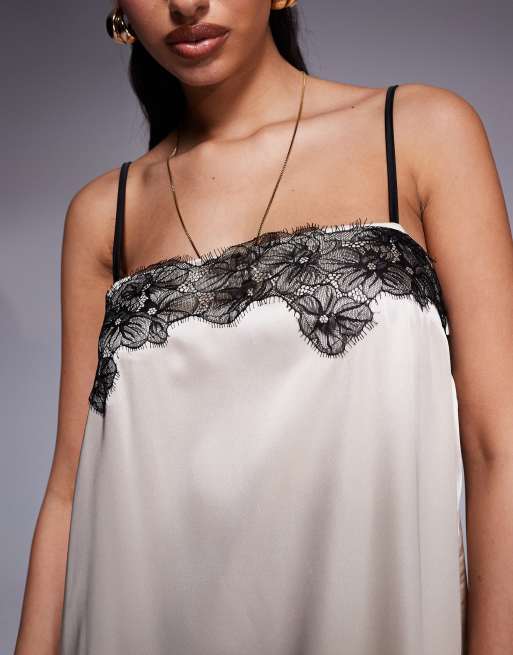 Kaiia exclusive square neck contrast lace detail cami trapeze satin maxi dress in cream