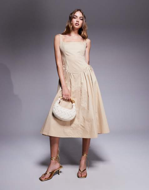 Kaiia exclusive square neck gathered hip detail midi dress in beige - view 1