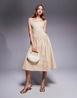 exclusive square neck gathered hip details midi dress in beige-Neutral