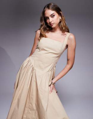 Kaiia Exclusive Square Neck Gathered Hip Details Midi Dress