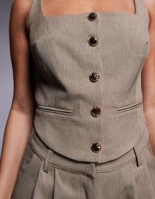 Kaiia Exclusive Square Neck Hammered Gold Button Front Vest In Gray
