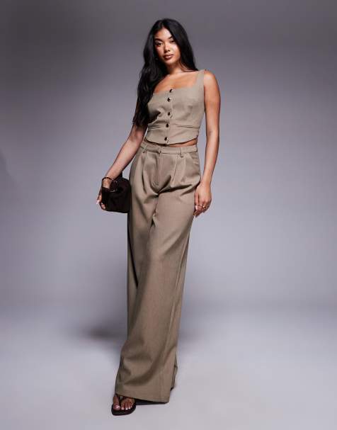 Kaiia exclusive square neck hammered gold button front waistcoat top and pleat detail tailored wide leg pants set - view 1