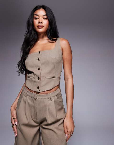 Kaiia exclusive square neck hammered gold button front waistcoat top in washed brown (part of a set) - view 1
