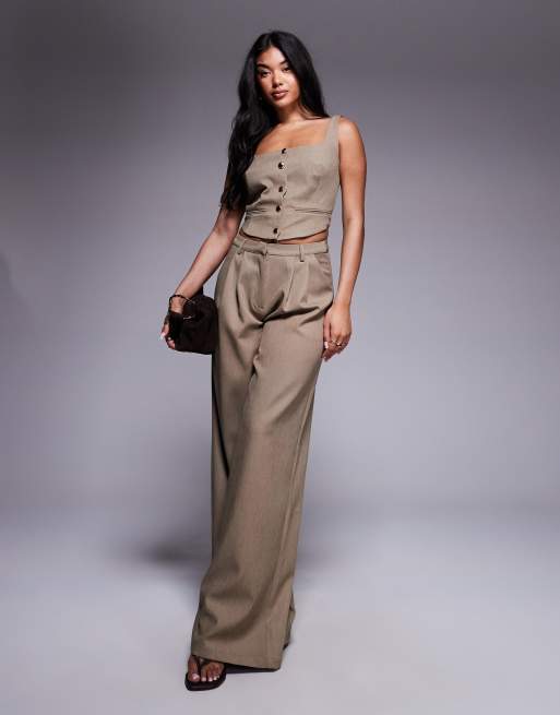 Kaiia exclusive square neck hammered gold button front waistcoat top in washed brown (part of a set), 3 of 4