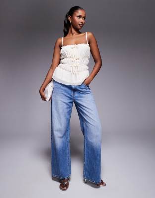 Shop Kaiia Exclusive Square Neck Shirred Tie Detail Cami Top In White