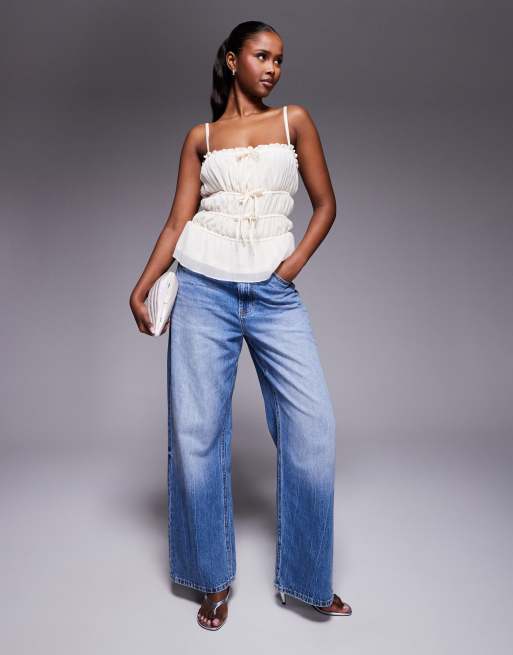 Kaiia exclusive square neck shirred tie detail cami top in
