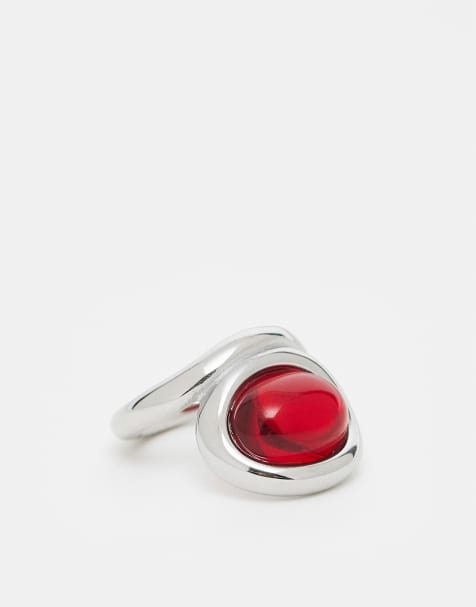 Kaiia exclusive stainless steel abstract cocktail ring in silver and red - view 1