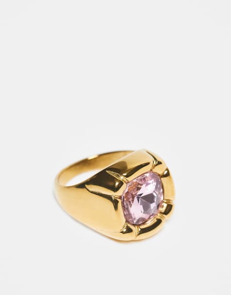 Kaiia exclusive stainless steel pink stone pillow ring in gold - view 1