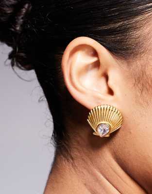 exclusive stainless steel rhinestone shell stud earrings in gold