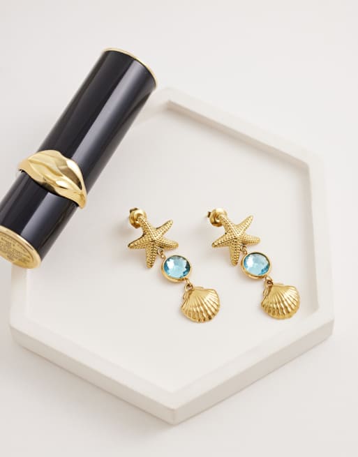 Kaiia exclusive stainless steel starfish and blue stone drop earrings in gold, 2 of 4