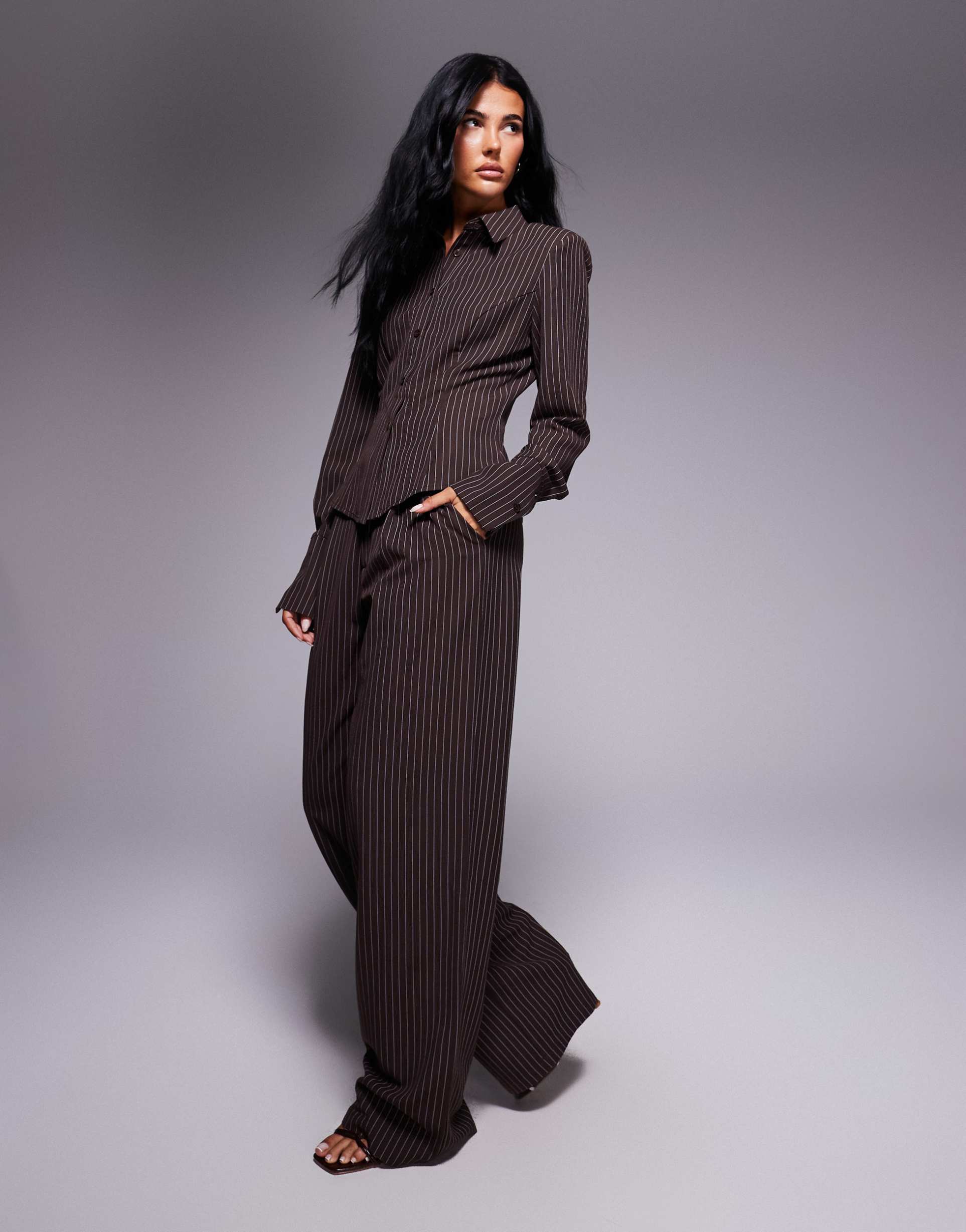 kaiia exclusive straight leg tailored pants in brown pinstripe - part of a set