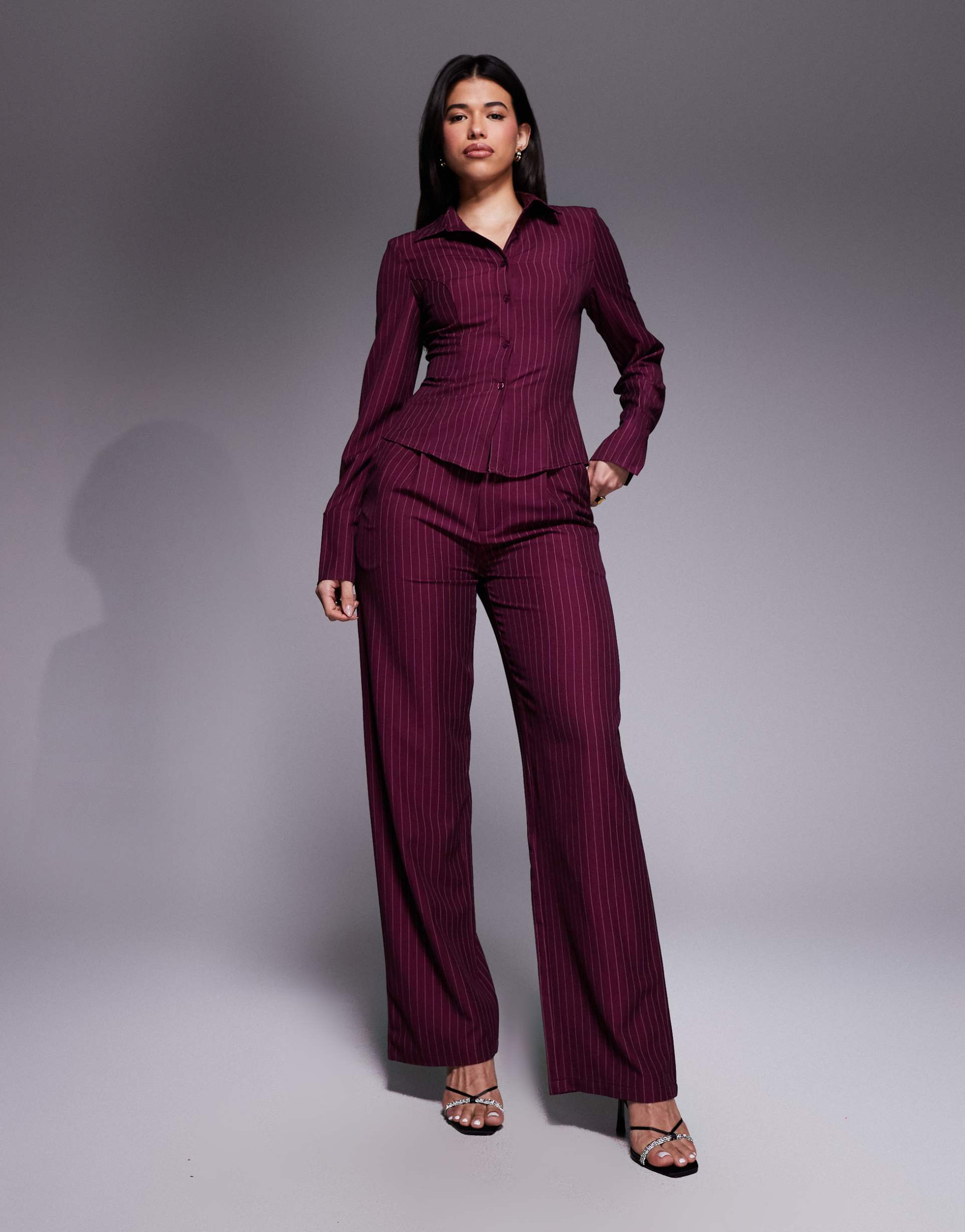 kaiia exclusive straight leg tailored pants in brown pinstripe - part of a set