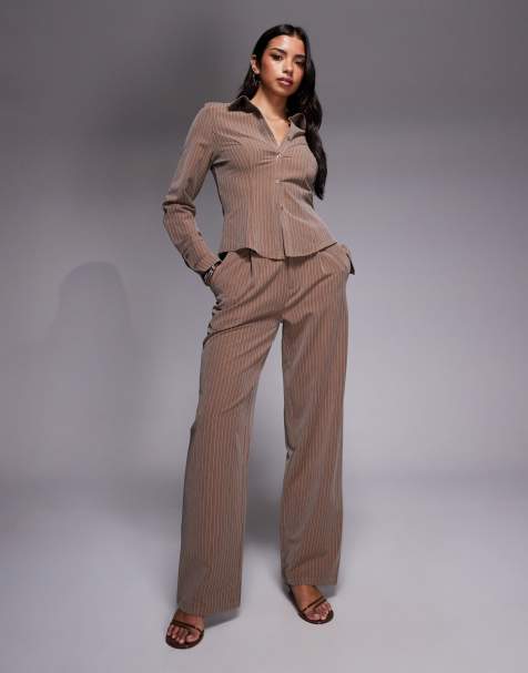 Kaiia exclusive straight leg tailored trousers co-ord in beige pinstripe - view 1