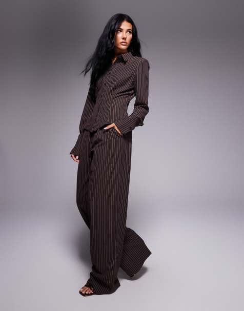 Kaiia exclusive straight leg tailored trousers co-ord in brown pinstripe - view 1